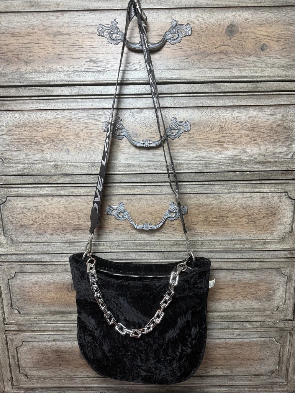 Quilted Koala Large Citi Bag Black Velvet Bag with Silver Chain and Love Strap